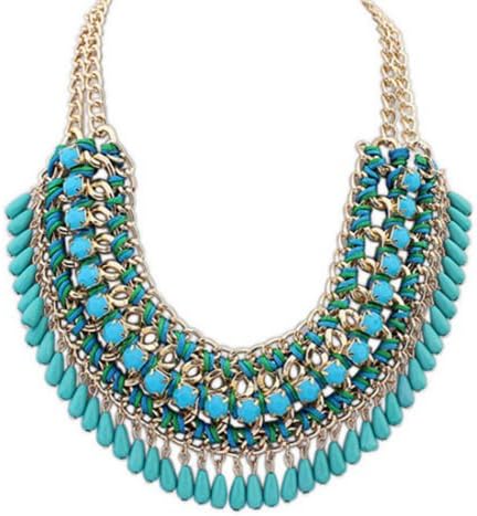 Women Fashion Jewelry Pendant Chain Crystal Choker Chunky Statement Bib Necklace Blue..