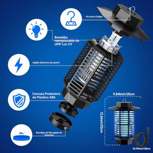 Lámpara Antimosquitos Eléctrica 4200V 18W UV Mata Mosquitos Eléctrico Silenciosa e Impermeable IPX4,Matamoscas Eléctrico Atrapa Mosquitos y Moscas,Repelente Mosquitos Eficaz para Hogar,Jardín Terraza