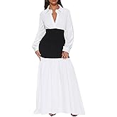 Ekaliy Women's Puff Long Sleeve Shirt Dress Elegant Button Down Loose Swing Party Maxi Dress