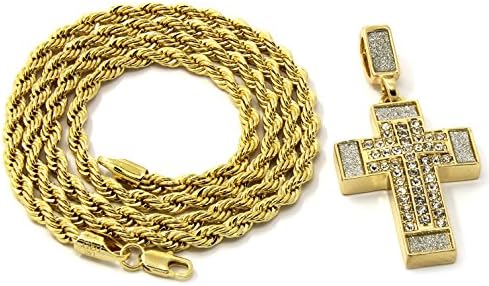 Mens Gold Plated Iced Fat Cz Cross Hip-hop Pendant 24" Rope Chain Necklace D249