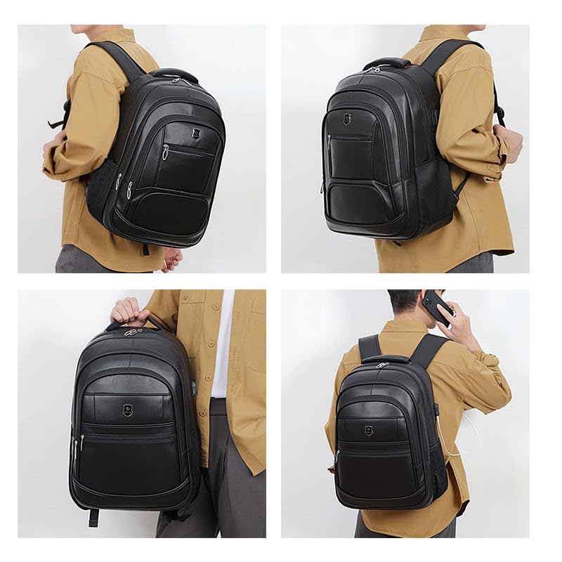 Mochila Masculina de Couro Preta, Impermeável, com Compartimento para Notebook, 46x32x17 cm
