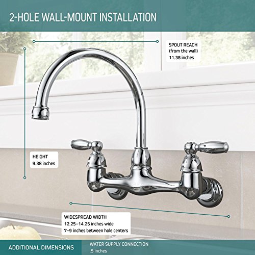 Peerless Claymore 2Handle WallMount Kitchen Sink Faucet, Chrome