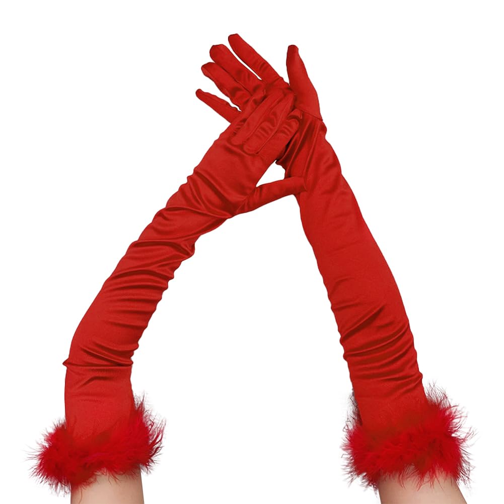 ITODA Women Elbow Long Opera Bridal Gloves Elegant Satin Evening Party Gloves 1920s Feather Costume Glove Fancy Dress Wedding Prom Glove for Ladies Halloween Carnival Christmas Red