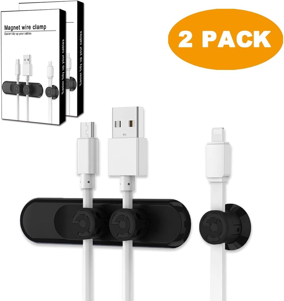 Magnetic Cable Clips, Desktop Cord Management, Cable Organizer, Multipurpose Wire Holder with 3 Cable Buckles and 2 Bases for Charging Cables, USB Cords, Headphones Wires, Car (2Pack, Black)
