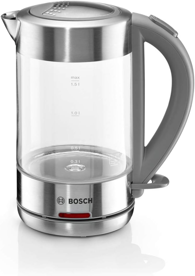 Bosch TWK7090B kabelloser Wasserkocher, Abschaltautomatik, Überhitzungsschutz, einfache Bedienung, hitzebeständiges Glas, 1,5 L, 2200 W, Edelstahl