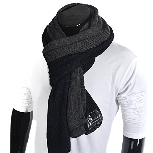 Mens Thick Knitted Plaid Long Winter Scarf Shawl E5031 (E5002-Black/Grey)