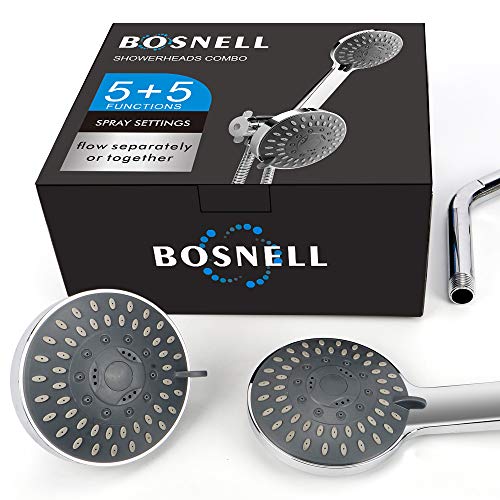 BOSNELL Full Chrome Shower Head, 24-Setting Combo Shower Heads with Holder & Hose, 2 in 1 High Pressure Handheld Shower Head