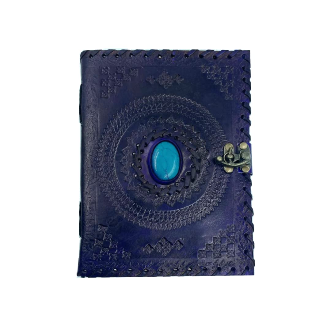 OVERDOSE Purple Mundra Stone Leather Journal With Brass C-Lock - Handmade Unlined Paper Leather Bound Journal | Sketchbook & Notebook - Drawing Journal - 5 x 7 inches | 12 x 17 cm | A6