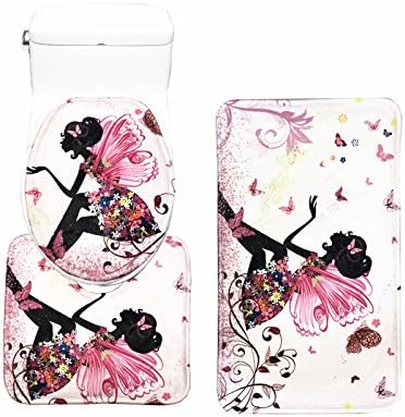 Flower Fairy Girl with Butterfly 3 Piece Bathroom Mat Set Bathroom Mat Contour Mat Toilet Cover Colorful