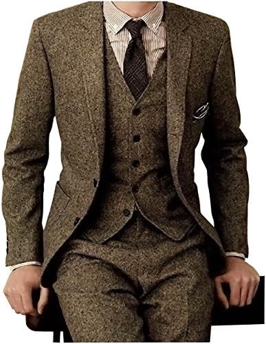 Men's Tweed Herringbone Check Tan Tuxedos Groom Slim Fit Formal Vintage 3 Pieces Suit