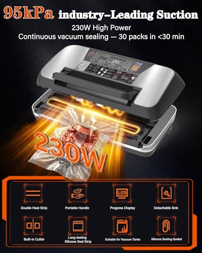 OidoZac Professional Vacuum Sealer (95 kPa) for Food - 12 in 1 Vacuum Sealer with Double Welding - Easy-Lock System - Integrated Paper Cutter and Removable Drip Tray