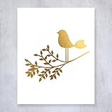 Bird on a Branch Gold Foil Art Print Baby Bird Decor Nursery Poster Girl's Room Modern Nature Decor 5 inches x 7 inches A30