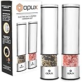 OPUX Battery Operated Salt and Pepper Grinder Set | Electric Pepper Mill, Automatic Salt Grinder with LED Light and Bottom Cover | Corrosion Resistant Stainless Steel Shakers, Sleek Modern Design