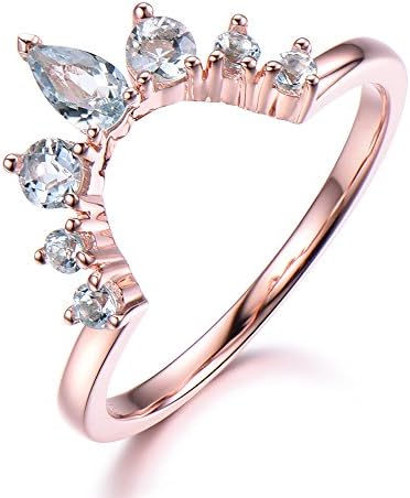 925 Sterling Silver Rose Gold Plated Natural Aquamarine Wedding Band Curved Stacking Matching Ring