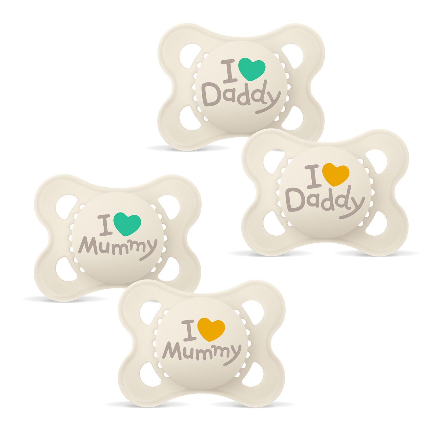 MAM "Skin Soft" Silicone Dummy // I Love Mummy & Daddy // 0-6 Mo. Boy // set of 4 // incl. 2 sterilised transport boxes