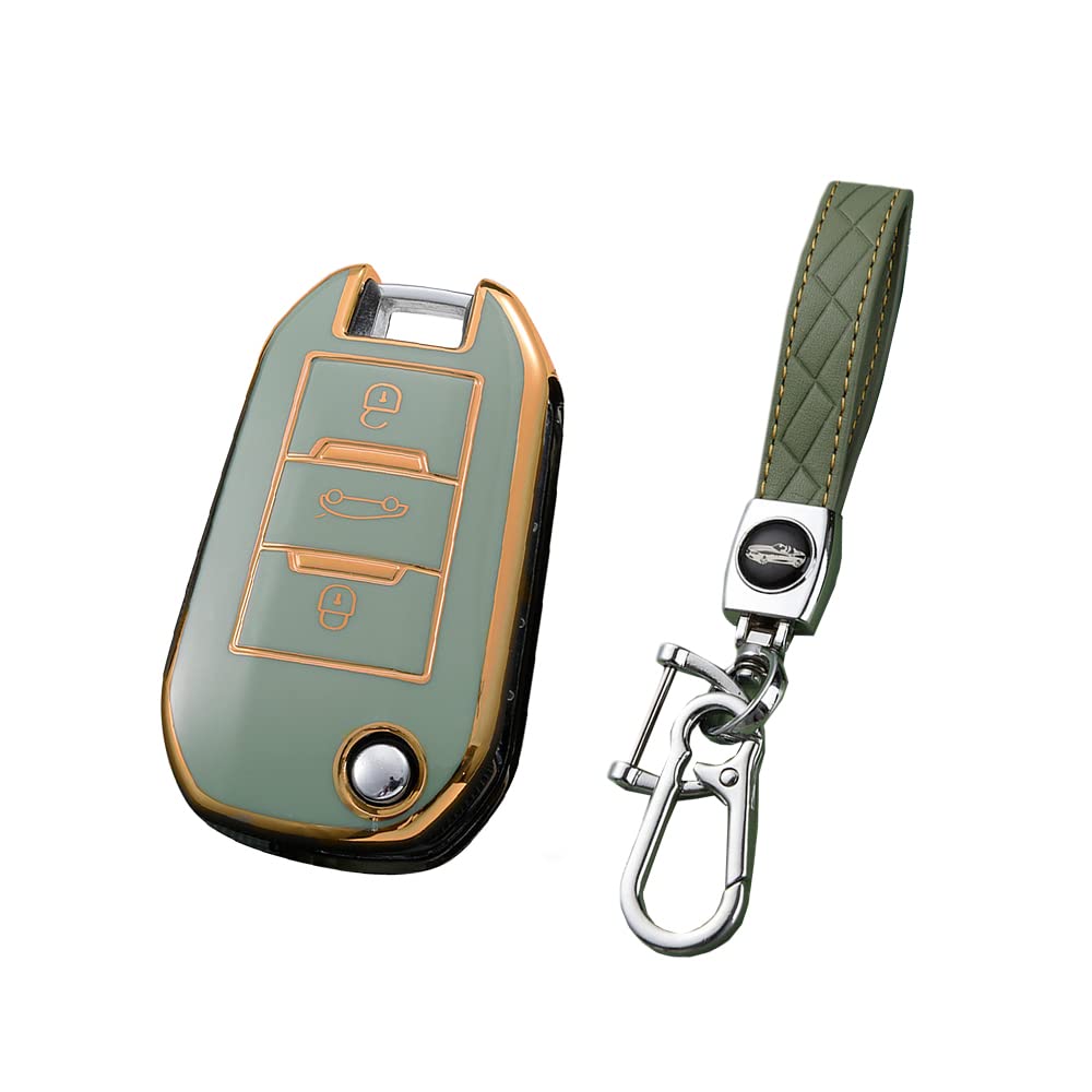HIBEYO Key Case Fits Peugeot Soft TPU Protective Case Flip Key Car Key Case for Peugeot 3008 308 5008 508 for Citroen DS3 DS4 DS5 Cactus Cover Remote Key Accessories Green