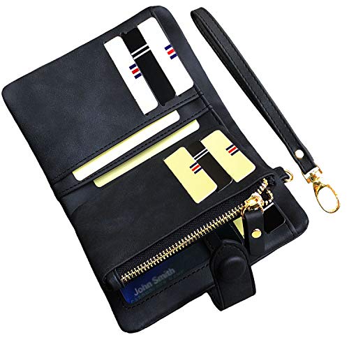 Women's Small Bifold Leather wallet Rfid blocking Ladies Wristlet with Card holder id window Coin Purse (Black)