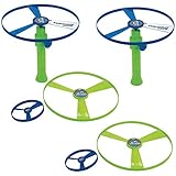 Kicko Flying Saucer Toy Set - Pack of 2-4 Piece Set, 6.5 Inch Launcher, 3 Inch Disc and 2 7.25 Inch Discs - Colors Green and Blue - for Kids Party Favors, Bag Stuffers, Fun, Toy, Prize