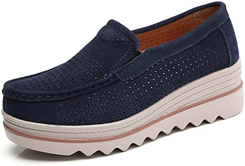 Sanyes Women Platform Slip On Loafers Comfort Suede Moccasins Wide Low Top Wedge Shoes SYSGX3088-Blue Hollow-42