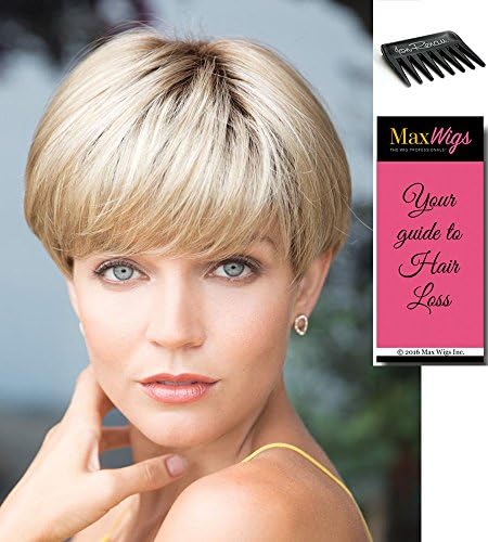 Blake Short Bob Color Champagne Rooted - Noriko Wigs Women's Synthetic Face Framing Classic Textured Fringe Average Cap Bundle with MaxWigs Costume Wig Care Guide