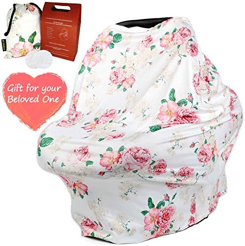 Enlarged Floral Infant Nursing Breastfeeding Cover with Rosy Gift Packaging for Baby Girls - 5 in 1 Multi-Use Car Seat Canopy Shopping Cart of Maternity - Full Stroller Coverage Scarf Shawl for Mother
