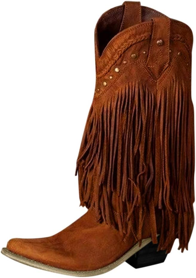 Sturrly Western Knight Boots Women's Flats Tassel Pointed Toe Low-Heeled Fringe Moccasin Zipper Under Knee High Shoes