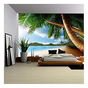Sunset on Beach ANSE Takamaka of Mahe Island, Seychelles - Removable Wall Mural | Self-Adhesive Large Wallpaper - 66x96 inches