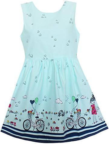 Shybobbi Summer Girls Dress Pink Bicycle Girl Print Cotton Dresses Party Pageant Princess Baby Kids Clothing (8, R-Blue)