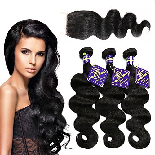 Favor Beauty Store Virgin Brazilian Hair Body Wave With Free Part Lace Closure Grade 6A Remy Hair Natural Color Unprocessed Human Hair Extensions(14 16 18 with 12 Closure)
