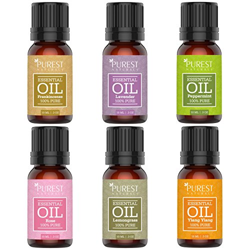 Purest Naturals Top 6 Essential Oils Set - 100% Pure Therapeutic Grade Oil - Rose Frankincense Lavender Ylang Ylang Lemongrass & Peppermint - Best For Oil Diffuser, Massage, Aromatherapy - Premium Kit