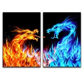 2 Panel Canvas Wall Art - Blue and Red Fire Birds Flying - Giclee Print Gallery Wrap Modern Home Art Ready to Hang - 16"x24" x 2 Panels
