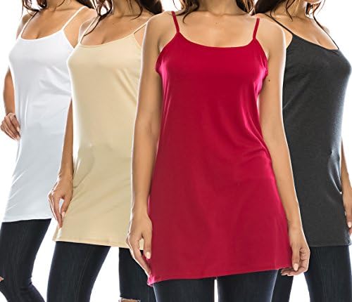 coul J 4 Pack Women's Basic Casual Cotton Stretch Long Camisole Tank Top w/Adjustable Straps (WT/TP/RD/CH_X-Large)