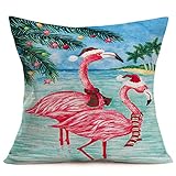 Xihomeli Pink Flamingo Farmhouse Pillow Covers 18x18 Inch Cotton Linen Animals Wear Santa Hats Decorative Pillow Cover Coastal Beach Pillow Case Outdoor Decor Home Sofa Couch (Flamingo 02)