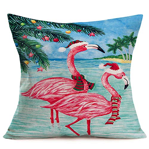 Xihomeli Pink Flamingo Farmhouse Pillow Covers 18x18 Inch Cotton Linen Animals Wear Santa Hats Decorative Pillow Cover Coastal Beach Pillow Case Outdoor Decor Home Sofa Couch (Flamingo 02)