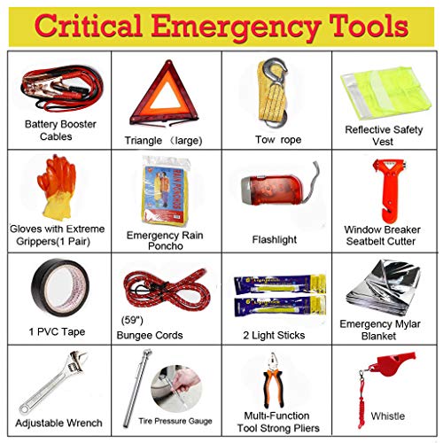 Car Truck RV Emergency Safety Kit 123Pcs Roadside Assistance Winter Survival Rescue Tools with Jumper Cable Tow Rope Triangle Blanket and First Aid Kit Bandage, 2 Year Warranty