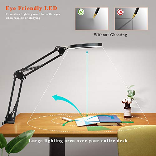 LED Magnifying Glass Desk Lamp,5X Lighted Magnifier with 3 Color Modes,Brightness Dimmer,Eye Protection,Reading Light Clamp Lamp for Table Top Tasks