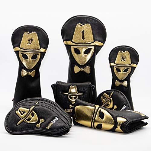 ゴルフクラブヘッドカバー ゴルフウッドカバー セットゴルフドライバーカバー フェアウェイウッド ユーティリティ用 ハイブリッド用のヘッドカバー Aliennana 高級レザー製 女性 紳士用 ブラック ゴールド おしゃれ