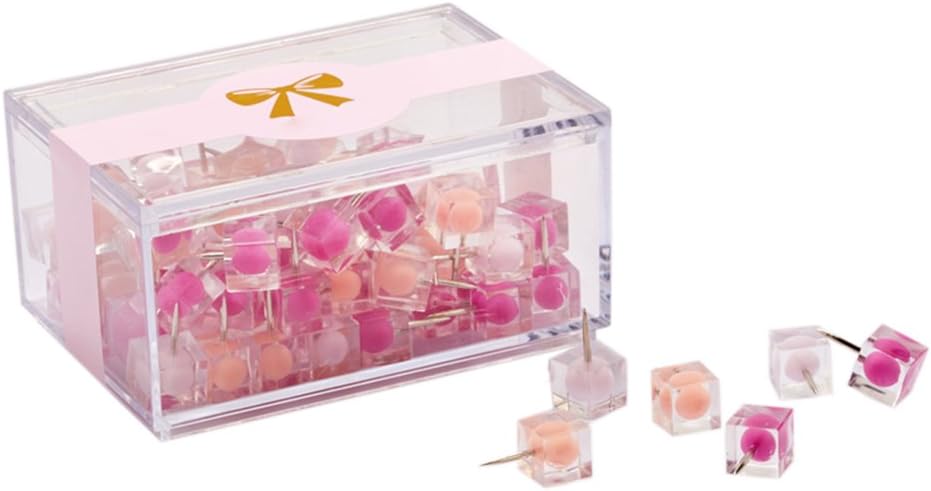 Heatleper 80Pcs Square Colorful Transparent Push Pins, Map Tacks Decorative Pushpins with Acrylic Box for Office Home or School Board (Pink)