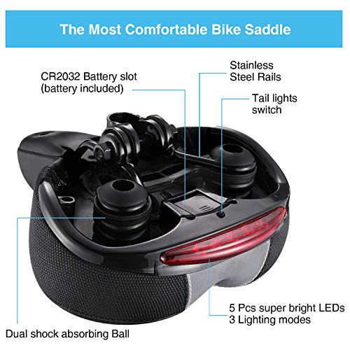 PRYMAX Bike Seat, Most Comfortable Wide Bike Saddle, Memory Foam Padded with Dual Shock Absorbing Ball Suspension Bicycle Seat, Women and Men Bicycle Saddle, Waterproof Taillight, Fit Most Bikes - Thumbnail 2