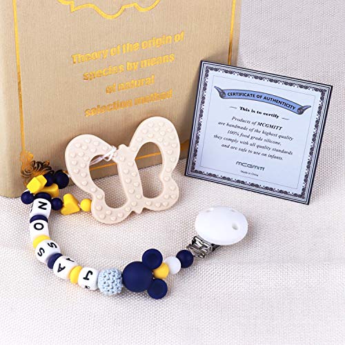 Pacifier Clip Personalized Name, MCGMITT Customized Binky Holder Teething Silicone Beads Toys for Baby Girls Boys Toddler (Dark Blue)