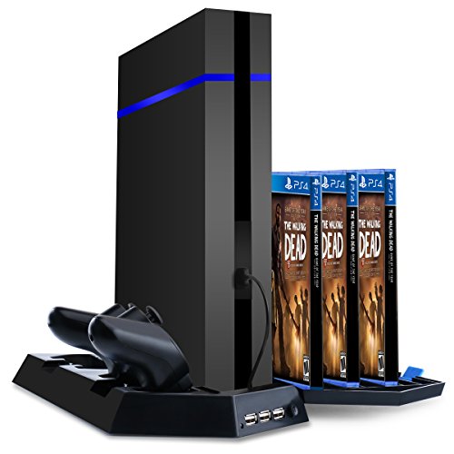 BlueFire PS4 Cooler PS4 Vertical Stand Cooling Fan Multifunctional Vertical Cooling Stand with PS4 Controller Dual Charging Station + 14 Slot Game Discs Storage + 3 USB Hub Ports for PS4 / PS4 Slim / PS4 Pro