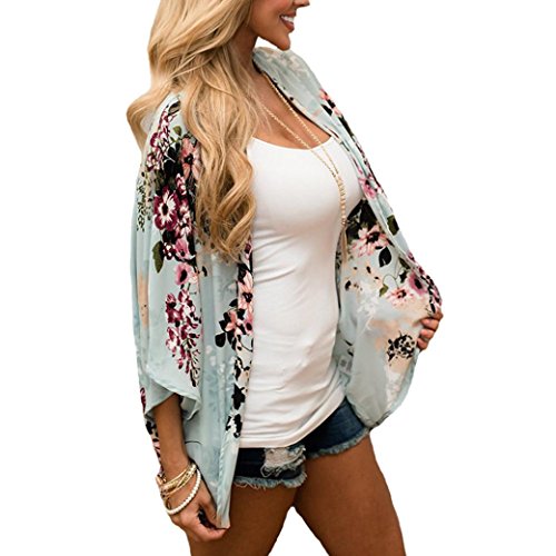 YANG-YI Hot Summer Women Chiffon Floral Kimono Loose Half Sleeve Shawl Chiffon Casual Cardigan (Green, US XL)