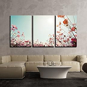 3 Piece Canvas Wall Art - Vintage Landscape Nature Background of Beautiful Cosmos Flower Field - Modern Home Art Stretched and Framed Ready to Hang - 16"x24"x3 Panels