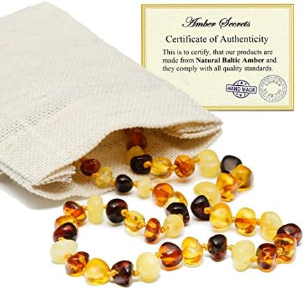 Baltic Amber Teething Necklace For Babies (Unisex) - Multi Color - Natural Certificated Oval Baltic Jewelry with the Highest Quality Guaranteed - Easy to Fastens, Safe Clasp - Packed in Linen Bag