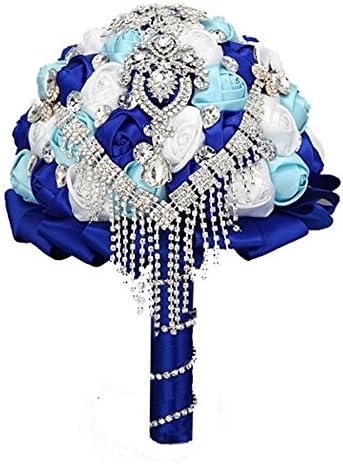 luxury princess tassel bouquet rhinestone crystal brooch wedding bouquets holding flower with ribbon for bridal blue