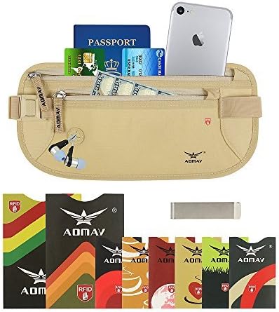 MAY RFID Money Belt for Travel wallet with 6 x Credit Card Protector and 2 x Passport pouch holder Waterpoof Secure RFID-blocker waist pack stash for women men running and out door activity. (BEIGE)