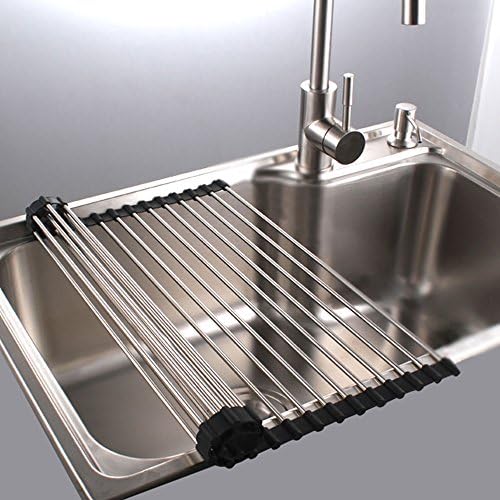 Roll Up Dish Drying Rack Stainless Steel Foldable Over Sink Rack Black 16''(L)x9.5''(W)