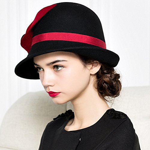 Maitose Women's Wool Felt Flowers Church Bowler Hats Black - Thumbnail 2