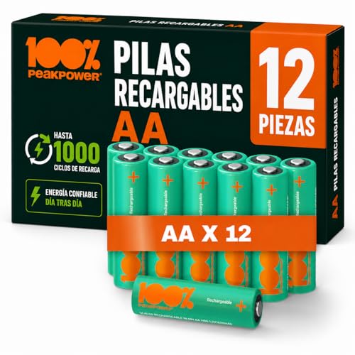 100%PeakPower Pilas Recargables AA 2300 mAh NiMH, Paquete de 12 Unidades - hasta 1000 Recargas, Alta Capacidad, Precargadas - Pilas AA Recargables para Juguetes, Controles, Adornos de Navidad