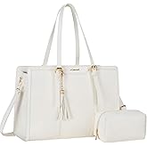 LOVEVOOK Laptop Bag for Women 15.6 inch Lightweight Leather Laptop Tote Bag, Large Capacity Computer bag with Clutch Purse for Business, Work, Office, Travel, School（White，15.6 Inch）